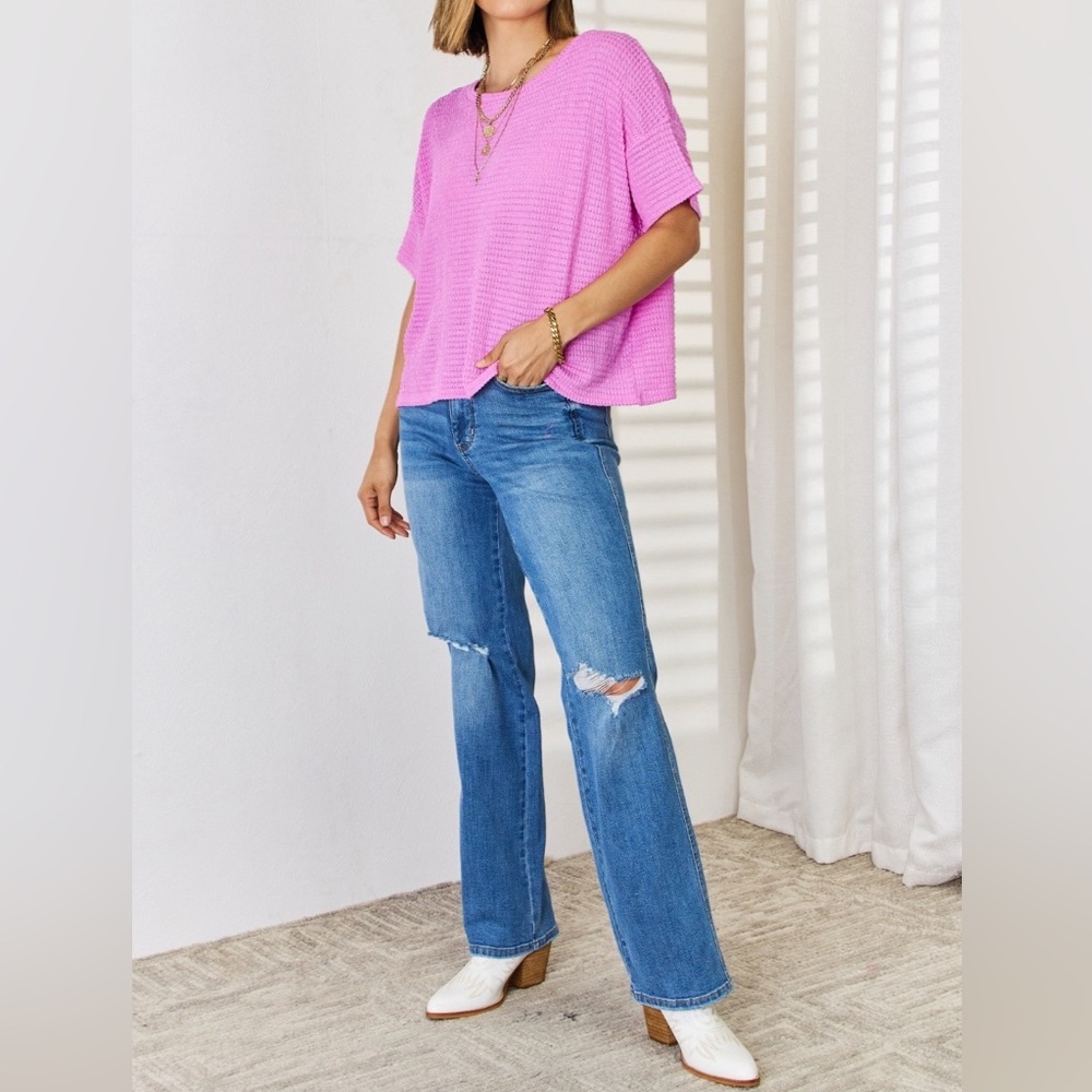 NEW Zenana PLUS + REG Size Mauve Oversized Woven Waffle Knit Short Sleeve Tee - Picture 6 of 6